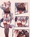  1girl alternate_costume arknights black_thighhighs breasts cleavage_cutout clothing_cutout covered_navel dragon_girl dragon_horns dragon_tail earrings hand_up horns jacket jewelry leg_tattoo looking_at_viewer medium_breasts multicolored_hair multiple_views nian_(arknights) off_shoulder open_clothes open_jacket paid_reward_available ponytail purple_eyes red_hair see-through_thighhighs shorts streaked_hair tail tassel tassel_earrings tattoo thigh_gap thighhighs thighs vsa_(xmj173178) white_hair white_jacket white_shorts 