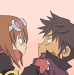  1girl angry artist_request black_hair brown_hair gloves goggles goggles_on_head green_eyes pink_background raven_(tales) rita_mordio shirt_grab short_hair tales_of_(series) tales_of_vesperia 