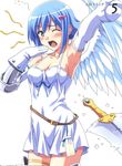  angel angel_wings armpits arms_up artbook asymmetrical_wings bare_shoulders blue_hair blush boots breasts elbow_gloves gloves green_eyes highres kuuchuu_yousai medium_breasts miniskirt nanael panties queen's_blade scan short_hair skirt solo sword tears thighhighs underwear weapon wings yawning 