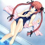  absurdres aquarian_age bare_legs barefoot blue_eyes blush braid brown_hair embarrassed feet hair_ribbon highres legs lying on_back one-piece_swimsuit ribbon scan school_swimsuit shy solo swimsuit tatekawa_mako towel twin_braids twintails wet 