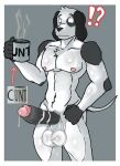 angry anthro athletic athletic_anthro athletic_male balls beverage big_balls big_butt big_chest big_penis bird_dog black_and_white black_body black_ears black_fur black_paws black_penis bodily_fluids breasts bulge butt canid canine canis coffee coffee_mug container cup domestic_dog english_pointer english_text erection fur genital_fluids genitals glans grey_background grey_balls hand_on_butt hands_on_hips hi_res holding_container holding_cup holding_object hunting_dog interrobang leaking_penis leaking_precum male mammal markings monochrome monochrome_body morning_routine muscular nipples nude penis precum shocked shrederr_8 simple_background sketchy_(character) solo spots spotted_body spotted_fur standing striped_genitalia striped_penis stripes sweat sweaty_balls sweaty_body sweaty_breasts sweaty_genitalia sweaty_legs tail text vein white_body white_fur