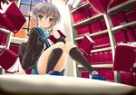  black_legwear blush book brown_hair garickson glasses highres kita_high_school_uniform library nagato_yuki open_mouth purple_hair school_uniform serafuku short_hair socks solo suzumiya_haruhi_no_shoushitsu suzumiya_haruhi_no_yuuutsu window 