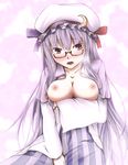  bespectacled blush breasts crescent glasses hat highres long_hair medium_breasts patchouli_knowledge purple_eyes purple_hair shintani_kyou solo touhou 