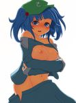 bad_id bad_pixiv_id bare_shoulders blue_eyes blue_hair blush breast_hold breasts collarbone crossed_arms groin hair_bobbles hair_ornament hat highres kawashiro_nitori navel nipples no_bra no_panties off_shoulder open_clothes open_shirt ryuutansai shirt short_hair small_breasts solo tears touhou twintails two_side_up wardrobe_malfunction 