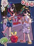  1boy 1girl :d black_hair blue_shirt blue_shorts brother_and_sister candy carmine_(pokemon) commentary_request crossed_bangs dipplin food hair_between_eyes hairband highres holding holding_candy holding_food kieran_(pokemon) mask mask_on_head meeee_hitsuji mole mole_on_neck night open_mouth outdoors pokemon pokemon_(creature) pokemon_scarlet_and_violet poltchageist sandals shaved_ice shirt short_sleeves shorts siblings smile sparkle standing teeth toes upper_teeth_only yellow_eyes yellow_hairband 