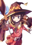  1girl :i \||/ belt black_cape black_gloves blush breasts brown_belt brown_hair brown_hat cape closed_mouth commentary_request commission cowboy_shot derivative_work dress fingerless_gloves floating_hair gloves hand_up hat holding holding_staff kono_subarashii_sekai_ni_shukufuku_wo! long_hair looking_at_viewer mage_staff megumin outdoors red_dress red_eyes short_hair_with_long_locks simple_background single_thighhigh slit_pupils small_breasts smile solo sparkle staff thighhighs white_background witch_hat yuuri-622 