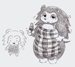 4_fingers animal_crossing anthro apron apron_only belly beverage big_breasts black_nose bodily_fluids bottle breasts cheek_spots clothing container different_artstyle duo eulipotyphlan female fingers freckled_breasts freckled_face freckles gloves_(marking) grey_background greyscale half-closed_eyes hand_on_hip hedgehog hi_res holding_bottle holding_container holding_object holding_soda leg_markings mabel_able mammal markings monochrome narrowed_eyes nintendo oofmasterxd open_mouth open_smile overweight overweight_anthro overweight_female pattern_apron pattern_clothing plaid plaid_apron plaid_clothing portrait quill_hair sable_able simple_background sketch smile smiling_at_viewer socks_(marking) soda solo solo_focus striped_markings striped_tail stripes sweat sweatdrop tail tail_markings voluptuous_anthro voluptuous_female wide_hips