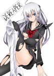  blue_eyes daive dereaper earrings highres jewelry long_hair no_bra open_mouth original school_uniform silver_hair solo thighhighs torn_clothes torn_legwear 