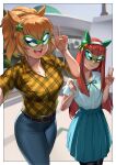  2girls :d alberta animal_ears belt black_belt blue_pants blue_skirt blunt_bangs blunt_ends border brown_hair buttons canada closed_mouth collared_shirt commentary day denim ear_covers english_commentary facing_viewer green-framed_eyewear green_ribbon hair_ornament hairband highres horse_ears horse_girl long_hair looking_at_viewer multiple_girls neck_ribbon novelty_glasses open_mouth orange_hair outdoors outside_border outstretched_arm pants plaid_clothes plaid_shirt pleated_skirt real_world_location ribbon shirt short_sleeves silence_suzuka_(casual)_(umamusume) silence_suzuka_(umamusume) skirt sleeves_rolled_up smile star_(symbol) star_hair_ornament taiki_shuttle_(casual)_(umamusume) taiki_shuttle_(umamusume) teeth umamusume upper_teeth_only v voodoothur white_border white_hairband white_shirt yellow_shirt 