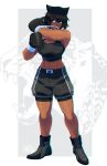  1girl abs absurdres animal_background animal_ears bandaged_wrist bandages black_gloves black_shoes black_shorts black_tank_top boxer boxing_gloves boxing_shorts breasts cat_ears cat_girl cleavage clenched_teeth commentary crop_top dark-skinned_female dark_skin english_commentary full_body gloves highres leila_(awastedninja) leopard looking_to_the_side midriff mouth_hold original paw_print scar scar_across_eye scar_on_face shoes short_hair shorts solo standing tank_top teeth toned toned_female tovio_rogers v-shaped_eyebrows wrist_wrap yellow_eyes 