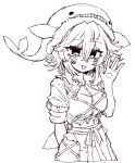  1girl apron blush breasts collared_shirt greyscale highres looking_at_viewer medium_breasts medium_hair monochrome okunoda_miyoi open_mouth rampa93 shirt skirt smile solo touhou waist_apron waving whale_hat 
