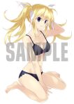  1girl arimura_hinae black_bra black_panties blonde_hair blue_eyes bra breasts chaos;child collarbone feet groin hair_ribbon hand_up kneeling long_hair looking_at_viewer navel official_art panties promotional_art ribbon sample_watermark sasaki_mutsumi science_adventure small_breasts smile solo stomach twintails underwear underwear_only watermark 