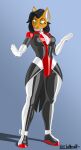  2026 absurd_res anthro black_hair black_latex breasts butler canid canine clothed clothed_anthro clothed_female clothing female gloves green_eyes grey_body gridbull hair handwear hi_res latex latex_clothing latex_gloves latex_handwear latex_uniform machine mammal multicolored_body multicolored_clothing orange_body red_latex robot solo two_tone_body white_clothing white_gloves white_handwear white_latex 