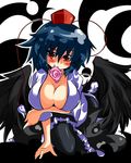  black_hair black_legwear blue_hair blush breasts cleavage condom condom_in_mouth gin_(shioyude) hat large_breasts looking_at_viewer mouth_hold pantyhose red_eyes shameimaru_aya short_hair solo tokin_hat touhou wings 
