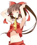  armpits arms_up ascot asoka bow breasts brown_hair closed_eyes hair_bow hair_tubes hakurei_reimu midriff mouth_hold navel no_bra ponytail precure sideboob small_breasts solo touhou upper_body 