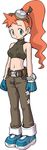  aero aero_(itou_kazushi) boots breasts capcom character_request female full_body g_mask gloves goggles green_eyes long_hair long_image midriff orange_hair pants ponytail rockman rockman_dash rockman_dash_3 simple_background solo tall_image watch white_background wristwatch 