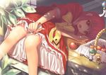  akai_ringo_(ookami-san) apple bad_id bad_pixiv_id basket blush brown_hair character_doll covering dress food fruit green_hair highres leaf legs long_hair lying morino_ryoushi object_namesake on_side ookami-san ookami_ryouko open_mouth red_eyes red_hair ribbon short_hair sola_(sola04) solo 