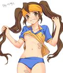  bad_id bad_pixiv_id bandaid bandaid_on_arm bandaid_on_face bandaid_on_leg bandaid_on_neck bandaids_on_nipples endou_mamoru genderswap genderswap_(mtf) grin headband hoochi_(tulipdara) inazuma_eleven inazuma_eleven_(series) panties pasties shirt_lift smile solo twintails underwear 