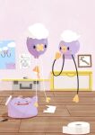  absurdres amazora_owl_02 balloon black_eyes blush_stickers closed_eyes commentary_request ditto drifloon highres indoors marker no_humans paper photo_(object) pokemon pokemon_(creature) pokemon_focus pokemon_pokopia professor_tangrowth tangrowth tape 