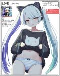  1girl absurdres animal_ear_headphones animal_ears animal_print black_shirt border bow bow_panties cat_ear_headphones cat_ears cat_print clothes_lift commentary_request cropped_legs drill3679 fake_animal_ears game_screenshot_inset grey_hair headphones highres livestream long_sleeves looking_at_viewer maplestory multicolored_hair navel no_pants off-shoulder_shirt off_shoulder open_mouth original panties parted_bangs pink_eyes print_shirt purple_streaks screenshot_inset shirt shirt_lift simple_background single_bare_shoulder single_off_shoulder solo speech_bubble streaked_hair striped_clothes striped_panties translation_request underwear white_background white_border 