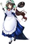  1girl alternate_costume alternate_hairstyle apron asymmetrical_legwear black_gloves black_shoes blue_cape blue_dress bow bowtie breasts brown_hair cape chest_eye closed_mouth dress enmaided frying_pan full_body game_asset gloves green_bow hair_bow highres holding holding_frying_pan holding_spatula long_dress long_sleeves looking_at_viewer maid maid_apron maid_headdress medium_breasts mismatched_legwear missing_wings official_art ponytail red_eyes reiuji_utsuho rotte_(1109) shoes simple_background single_glove smile solo spatula third-party_source third_eye touhou touhou_lostword transparent_background two-sided_cape two-sided_fabric white_apron white_bow white_bowtie white_cape 