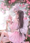  1boy 1girl black_pants brown_hair chain_belt chinese_commentary closed_mouth collared_shirt commentary_request couple dated day dress facing_another feet_out_of_frame flower hetero highres holding_hands hug hug_from_side long_hair looking_at_another love_and_deepspace nose off-shoulder_dress off_shoulder official_alternate_costume outdoors pants parted_bangs pink_dress pink_flower pink_rose protagonist_(love_and_deepspace) rose shirt short_hair sylus_(love_and_deepspace) watermark weibo_username weibo_watermark white_hair white_shirt zhishuo418 