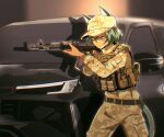  1girl absurdres ak-74m animal_ears assault_rifle belt black_car bulletproof_vest camouflage car cat_ears chest_rig commentary dark_skin green_hair gun hat highres holding holding_weapon kalashnikov_rifle magazine_(weapon) mask military_hat military_uniform motor_vehicle nyagurisushi original pants rifle short_hair solo standing weapon 