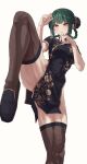  1girl absurdres black_dress black_shoes blush braid braided_hair_rings brown_eyes bun_cover china_dress chinese_clothes commentary_request covered_abs dress fighting_stance floral_print floral_print_dress foot_out_of_frame full_body gold_trim green_hair green_nails hair_rings highres knee_up looking_afar muginosa original parted_lips pelvic_curtain print_dress see-through_clothes see-through_thighhighs shanghai_neckline shoes short_sleeves side_slit sidelocks simple_background solo standing standing_on_one_leg thick_thighs thigh_focus thighhighs thighs toned toned_female white_background 
