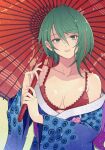  1girl back_bow blue_kimono bow bra breasts cleavage commentary dead_or_alive dead_or_alive_xtreme dead_or_alive_xtreme_venus_vacation green_eyes green_hair highres holding holding_umbrella japanese_clothes kimono konishiki_(52siki) medium_breasts mole mole_under_eye multicolored_hair obi off_shoulder oil-paper_umbrella open_mouth orange_streaks purple_bow purple_sash red_bra red_umbrella sash short_hair smile solo streaked_hair tamaki_(doa) teeth umbrella umbrella_over_shoulder underwear upper_body upper_teeth_only wide_sleeves 