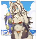  2026 anthro beach big_breasts bikini blue_eyes breasts canid canine canis chest_tuft clothing eyebrows eyelashes female fur gesture gold_bikini golden_week grey_body grey_fur grey_hair hair hand_gesture hand_pawpads hi_res inflatable inner_tube kemono kouchainu mammal navel side-tie_bikini slightly_chubby slightly_chubby_anthro slightly_chubby_female solo string_bikini surigara_usuzu swimwear tuft two-piece_swimsuit v_sign white_body white_fur white_hair wolf 