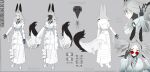  1girl animal_ears belt black_bodysuit black_nails bodysuit bodysuit_under_clothes coat colored_skin dyarikku dyarikku_(vtuber) ex-trident facial_mark fox_ears fox_girl grey_background grey_eyes grey_hair high_heels highres indie_virtual_youtuber long_sleeves official_art plague_doctor_mask reference_sheet skin_tight smile solo sunglasses tail twintails very_long_ears virtual_youtuber white_coat white_hair x_(symbol) x_facial_mark 
