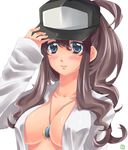  artist_request between_breasts blue_eyes blush breasts brown_hair cleavage cosplay costume_switch erect_nipples hat jewelry large_breasts long_hair necklace open_clothes open_shirt pokemon pokemon_(game) pokemon_black_and_white pokemon_bw ponytail shirt sleeves_past_wrist sleeves_past_wrists smile touko_(pokemon) white_(pokemon) 