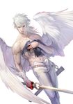  absurdres angel bird highres male_focus original shirtless simple_background solo sword takayama_toshiaki weapon white_hair wings 