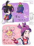  1boy black_hair blue_shirt cherrim cherrim_(overcast) cherrim_(sunshine) collared_shirt commentary_request crossed_bangs gloves grin hair_between_eyes hairband hand_up highres jacket kieran_(pokemon) loose_hair_strand male_focus meeee_hitsuji mole mole_on_neck multiple_views musical_note necktie outline outstretched_arm partially_fingerless_gloves pokemon pokemon_(creature) pokemon_scarlet_and_violet print_shirt purple_hair red_gloves red_necktie red_shirt shirt signature smile teeth translation_request twitter_username v white_jacket yellow_eyes yellow_hairband zipper 