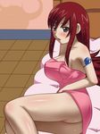  1girl ass awa blush breasts brown_hair erza_scarlet fairy_tail female long_hair red_hair shadow solo surprised tattoo towel wet 