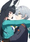  1boy 1girl animal_ear_fluff animal_ears aqua_jacket arms_around_neck black_hair black_necktie blue_jacket blush closed_mouth commentary eye_contact fox_ears fox_girl green_eyes grey_hair hair_between_eyes hoshimi_miyabi jacket long_hair looking_at_another necktie parted_lips red_eyes short_hair simple_background smile untranslatable_commentary white_background wise_(zenless_zone_zero) xsan_vanny zenless_zone_zero 