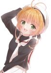  1girl absurdres antenna_hair arm_up black_shirt blush brown_hair cardcaptor_sakura commentary green_eyes hand_on_own_head hat highres kinomoto_sakura long_sleeves looking_at_viewer neckerchief open_mouth pleated_skirt ps4mana sailor_collar school_emblem school_uniform shirt short_hair simple_background skirt smile solo tomoeda_elementary_school_uniform white_background white_hat white_neckerchief white_sailor_collar white_skirt 