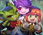  3girls animal_ears basset_hound black_nose blue_gloves carol_tea cat_ears cat_girl chinese_knot dog_girl dragon_girl fingerless_gloves freedom_planet freedom_planet_2 furry furry_female gloves green_eyes green_fur horns long_animal_ears milla_basset multiple_girls one_eye_closed orange_hair pink_eyes purple_hair sash_lilac short_hair starcat_bloom striped_fur white_fur 