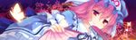  bug butterfly cherry_blossoms closed_fan dutch_angle fan fingernails flower folding_fan hat insect japanese_clothes pink_hair red_eyes saigyouji_yuyuko shinia short_hair smile solo touhou 