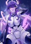 1girl absurdres breasts cleavage colored_inner_hair colored_nipples colored_pussy colored_skin colored_tongue demon_girl demon_wings fins fish_tail hair_between_eyes halo heart heart-shaped_pupils highres indie_virtual_youtuber large_breasts looking_at_viewer mark_under_both_eyes medium_hair megalodon_(vtuber) multicolored_hair navel nipples one-piece_swimsuit open_mouth phloxberry purple_eyes purple_hair purple_halo purple_nipples purple_pussy purple_skin purple_tongue pussy shark_girl shark_tail sharp_teeth sidelocks swimsuit symbol-shaped_pupils tail teeth thighhighs thighs tongue tongue_out virtual_youtuber wings 