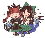  2girls :3 animal_ears bird_wings black_dress black_wings bow braid brown_eyes brown_hair cape cat_ears cat_tail chest_eye chibi chibi_only closed_eyes commentary_request cup dress extra_ears facing_viewer floating_skull full_body green_skirt hair_bow holding holding_tray kaenbyou_rin long_hair long_sleeves looking_at_viewer mozukuzu_(manukedori) multiple_girls multiple_tails nekomata open_mouth red_hair reiuji_utsuho shirt skirt smile tail teacup third_eye touhou tray twin_braids two_tails white_cape white_shirt wings 