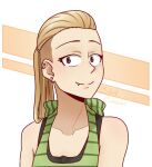  1girl alternate_hairstyle bare_shoulders blonde_hair closed_mouth collarbone commentary commission dagashi_kashi ear_piercing earrings endou_saya english_commentary eyelashes fang grey_eyes headshot jewelry long_hair piercing ponytail portrait silent-shanin smile solo split_mouth undercut 