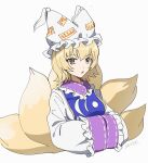  1girl absurdres animal_hat artist_name blonde_hair blue_tabard breasts commentary_request dress fox_tail hat highres kitsune long_sleeves looking_at_viewer medium_breasts mob_cap multiple_tails open_mouth ribbon-trimmed_sleeves ribbon_trim simple_background solo tabard tail touhou uehara_suiyo upper_body white_background white_dress wide_sleeves yakumo_ran yellow_eyes 