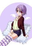  camisole copyright_request jacket jewelry lilith_aensland necklace ninomae_ichijiku purple_hair red_eyes short_hair skirt solo striped striped_legwear thighhighs vampire_(game) 