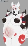 amaterasu_(okami) anthro big_breasts black_nipples breasts canid canine capcom curvy_figure deity ear_piercing ear_ring female female_anthro hi_res lips looking_at_viewer mammal nipples nude okami_(capcom) piercing pregnant ring_piercing simple_background sly_shadex thick_bottom_lip voluptuous voluptuous_anthro voluptuous_female