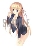  1girl bare_legs blonde_hair blue_jacket chaos;child collarbone fingernails hair_ribbon hand_on_own_leg hand_up jacket kurusu_nono long_hair looking_at_viewer naked_jacket official_art promotional_art purple_eyes red_ribbon ribbon sample_watermark sasaki_mutsumi science_adventure smile solo thighs very_long_hair watermark 