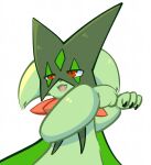 2023 3_fingers ambiguous_gender anthro cape claws clothing colored facial_markings fangs finger_claws fingers flower_(anatomy) fur generation_9_pokemon gesture green_body green_fur green_mask half-length_portrait head_markings hi_res leaf_(anatomy) markings mask meowscarada momensarada nintendo open_mouth pokemon pokemon_(species) portrait pupils rawr red_eyes simple_background slit_pupils solo standing teeth white_background white_sclera