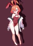  1girl ahoge animal_ears bandaid bandaid_on_knee bandaid_on_leg blue_archive blush braid breasts detached_collar fake_animal_ears halo highres jacket leotard looking_at_viewer mole mole_under_each_eye mole_under_eye multiple_moles neru_(blue_archive) neru_(bunny)_(blue_archive) official_alternate_costume open_mouth oversized_breast_cup playboy_bunny print_jacket purple_background rabbit_ears red_eyes red_leotard simple_background solo strapless strapless_leotard umeyanenne 