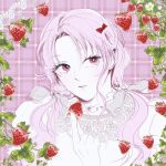  1girl collar colored_skin commentary_request eilie_(witch's_island) flower food frilled_collar frills fruit highres holding holding_food holding_fruit korean_commentary leaf long_hair official_artist_extra pink_background pink_hair pink_lips plaid_background portrait ppotatornado red_eyes solo strawberry twintails wavy_hair white_flower white_skin witch's_island 