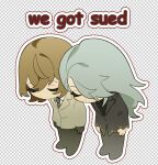  1boy 1girl akechi_goro black_pants black_suit blazer bowing brown_hair chibi closed_eyes collar comic_sans dot_nose english_text gloves grey_hair hair_over_one_eye jacket medium_hair meme necktie niijima_sae no_mouth pants parted_bangs persona persona_5 rccg56 shoes short_hair suit transparent_background we_got_sued_(meme) white_gloves 